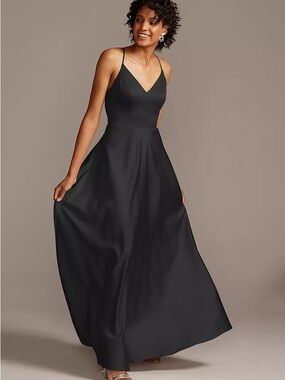 Celebrate DB Studio Spaghetti Strap Satin A-line Black Maxi Dress Party Gala 6